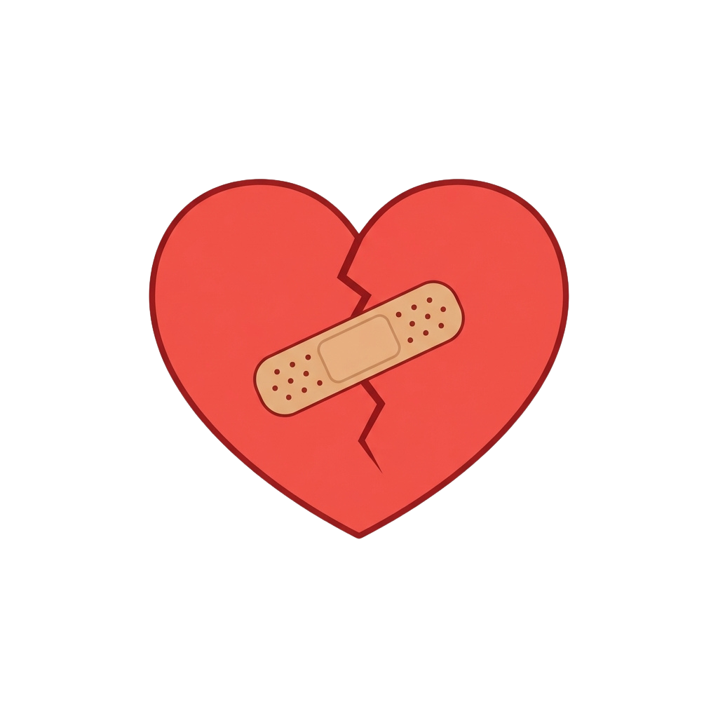 A red heart with a visible crack held together by a beige bandage strip