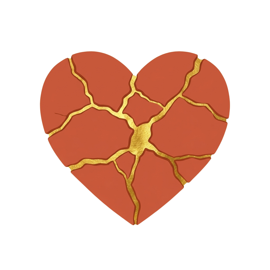 A red heart shape with golden cracks running through it on a black background