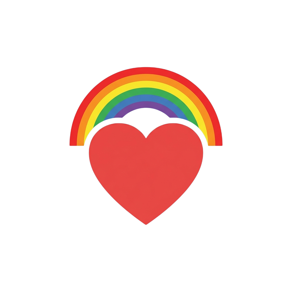 A red heart with a rainbow arching above it