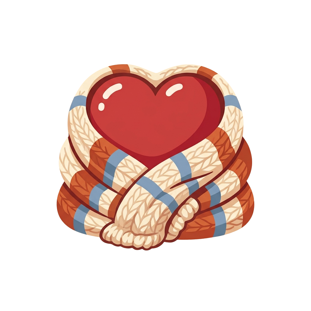 A heart-shaped knitted sweater with blue and orange stripes holding a red heart.