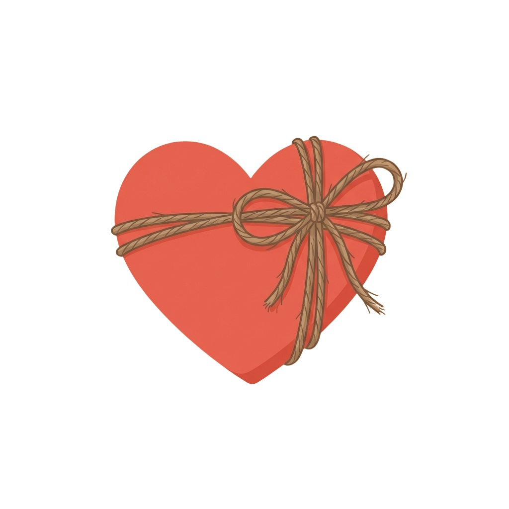 A red heart shape wrapped with a brown twine ribbon tied in a bow