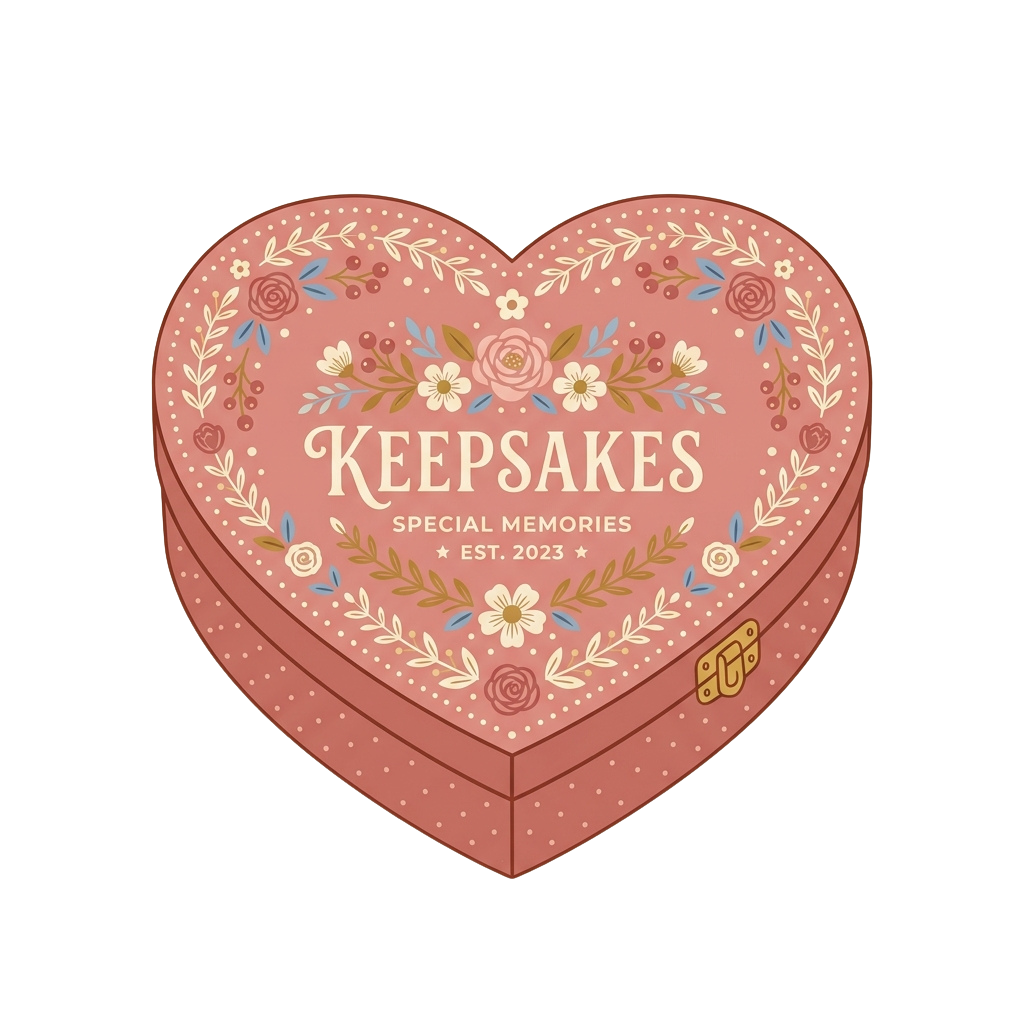 Heart-shaped keepsake box with floral designs and text reading Keepsakes Special Memories Est 2023