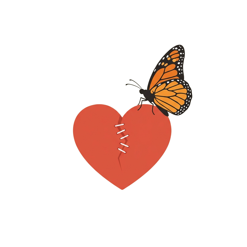 A red heart with a stitched tear and an orange butterfly resting on top.