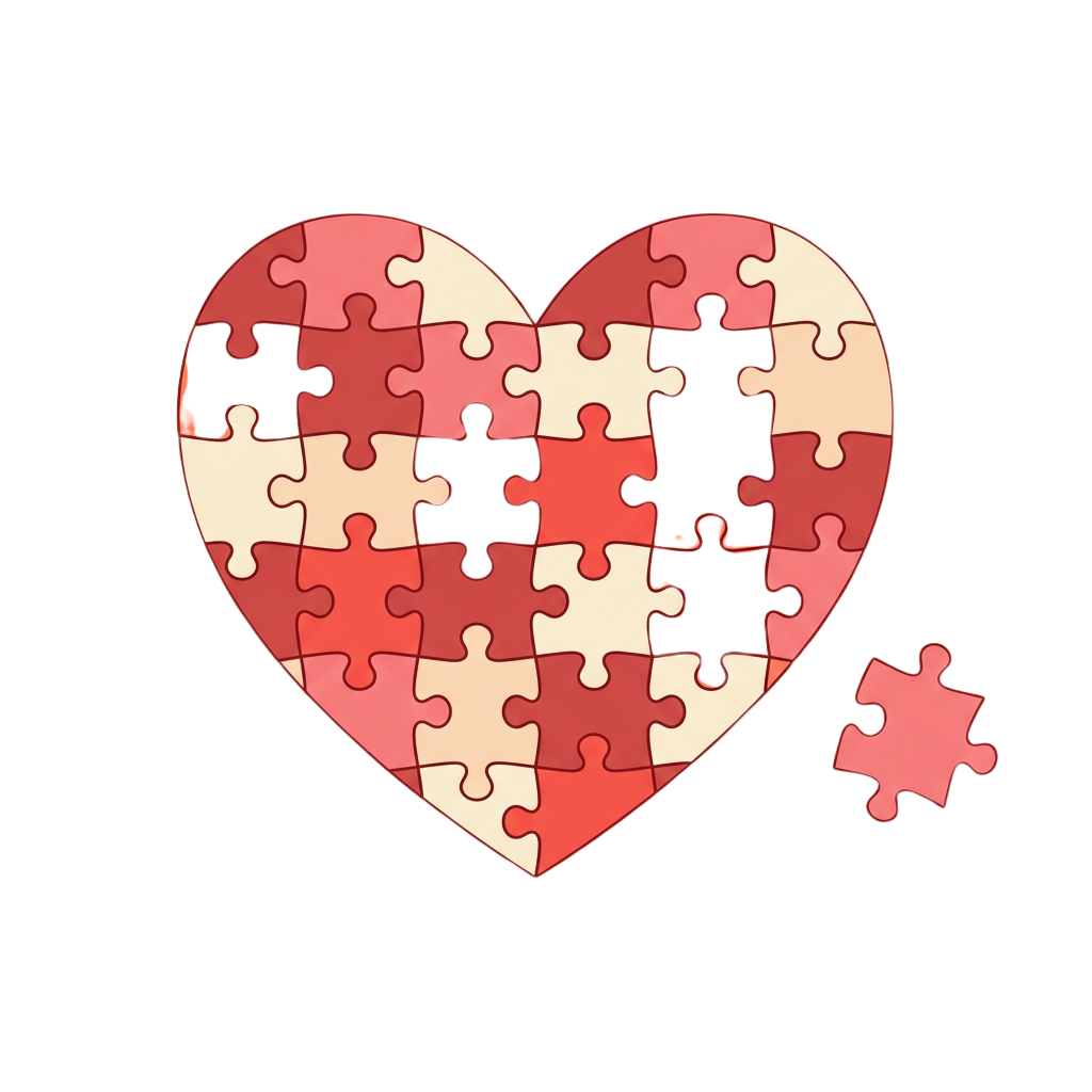 A heart made of puzzle pieces with one piece missing beside it on a black background