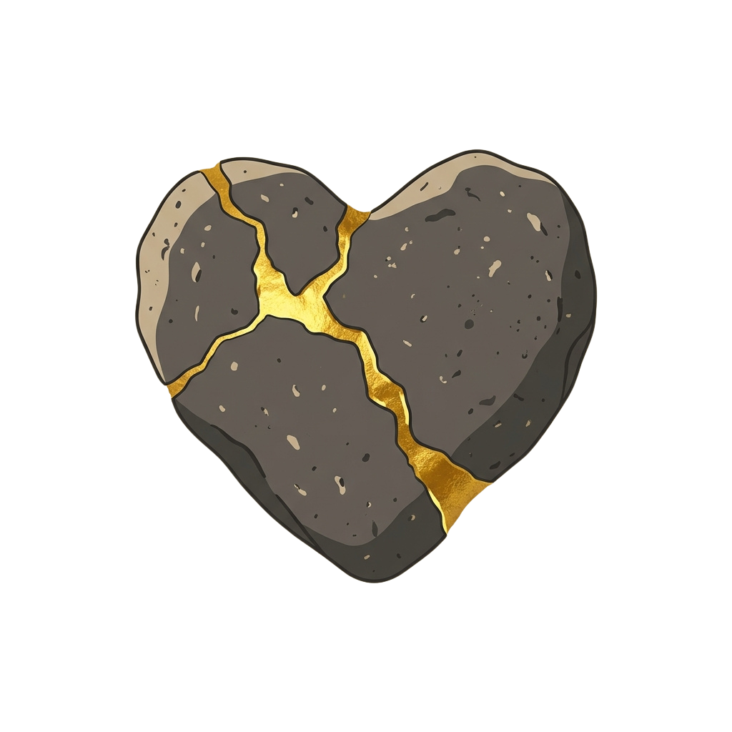 A heart shape with cracks revealing golden veins inside, symbolizing resilience or inner strength.