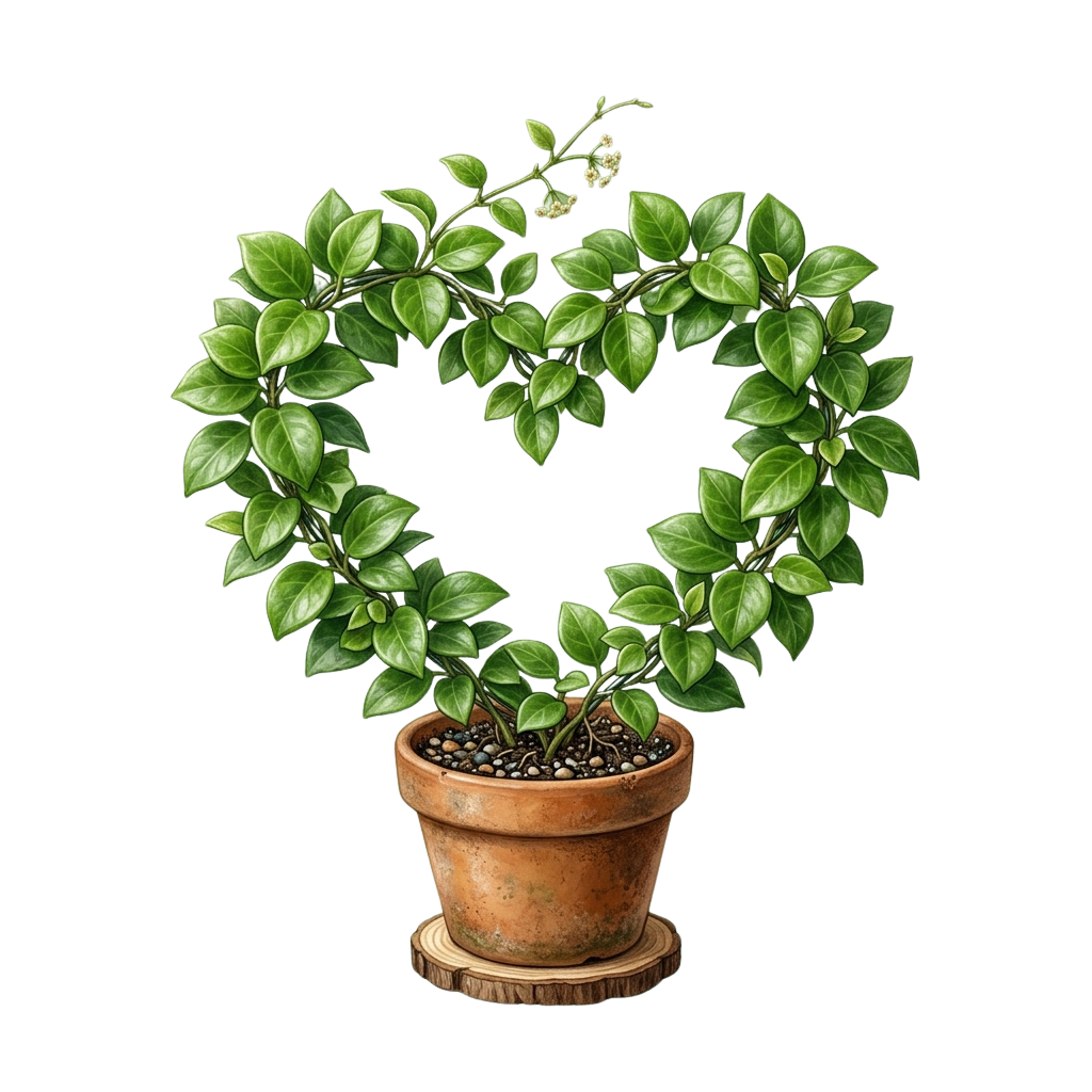 A heart-shaped arrangement of green ivy leaves in a terracotta pot with drainage tray