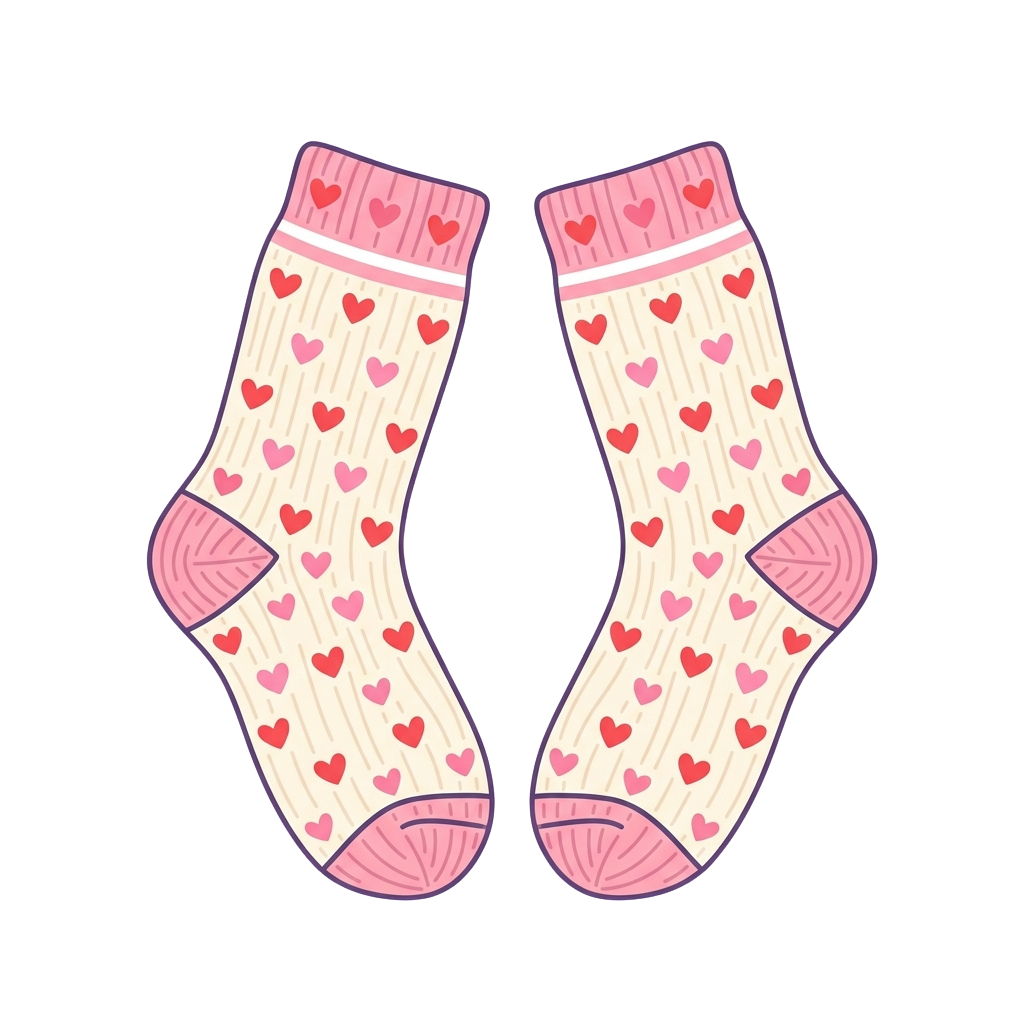 Pair of light beige socks with pink hearts and ribbed cuffs