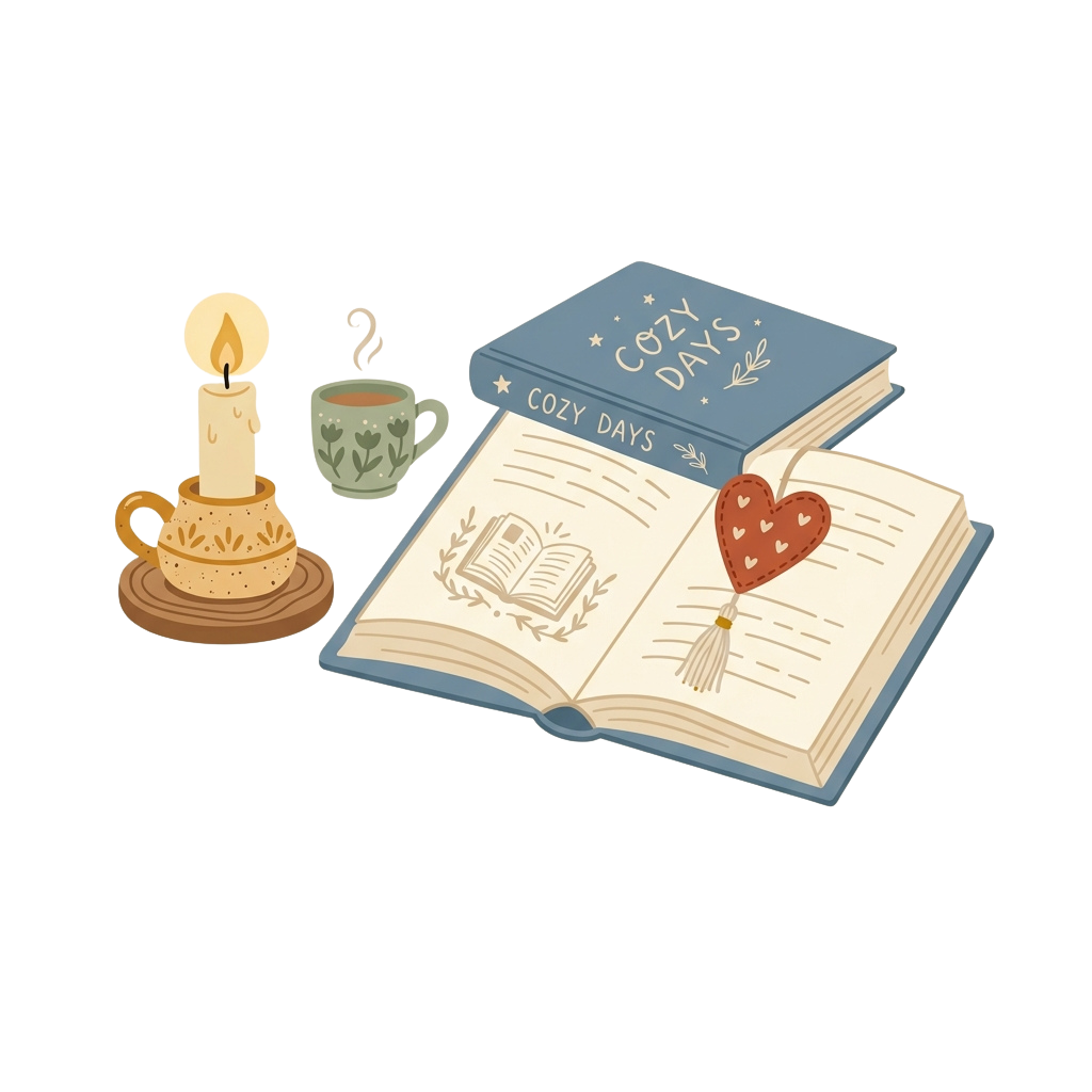 Illustration of an open book labeled Cozy Days, a lit candle, and a steaming cup of tea.