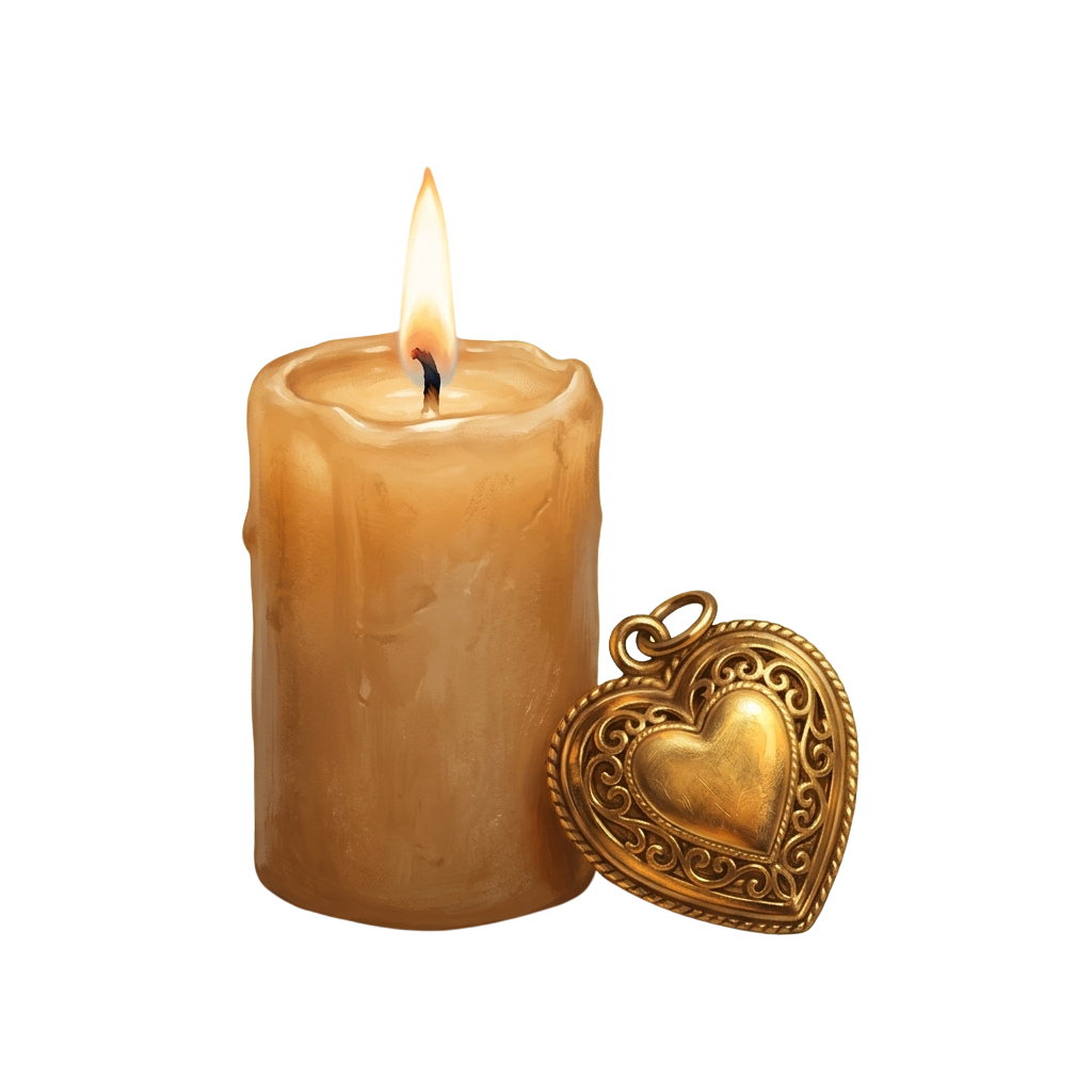 A lit candle beside a decorative heart-shaped ornament on a dark background
