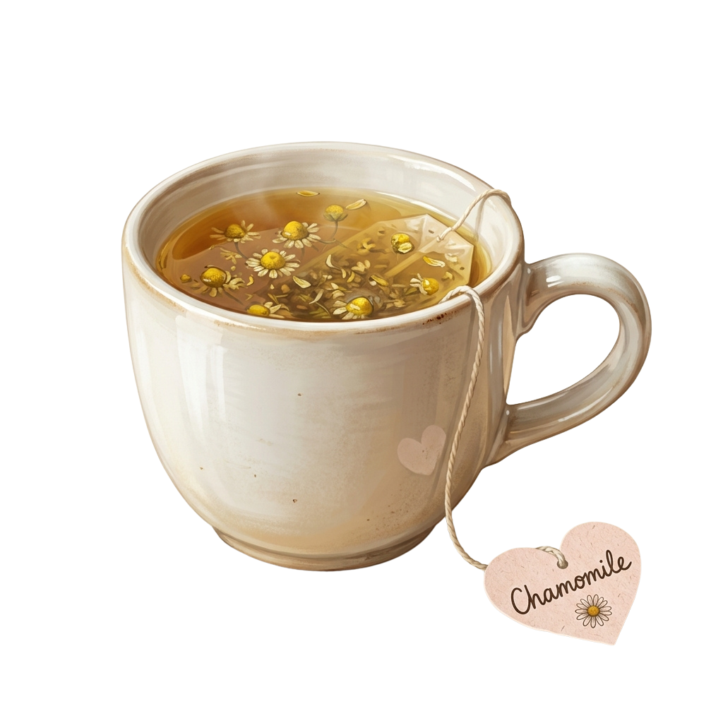 Ceramic mug filled with chamomile tea containing flower petals and a hanging tea bag with a heart-shaped tag
