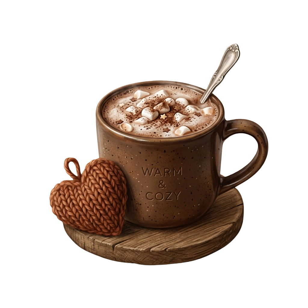 A warm drink topped with marshmallows in a rustic brown mug with a heart-shaped knitted coaster beside it