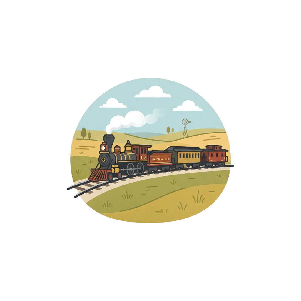 A colorful illustration of a steam train moving along tracks through a green, rolling countryside with a windmill in the distance.