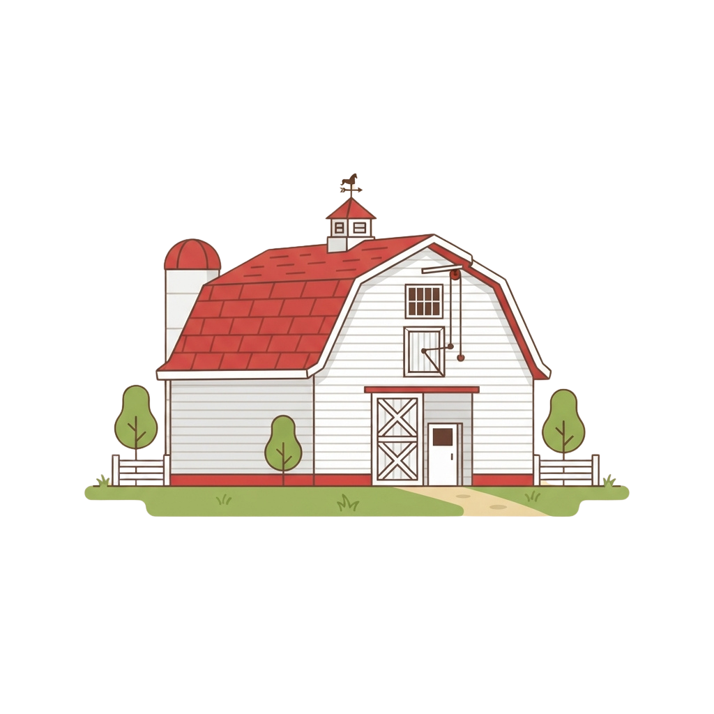 Illustration of a white barn-style house with red roof and two small trees on either side