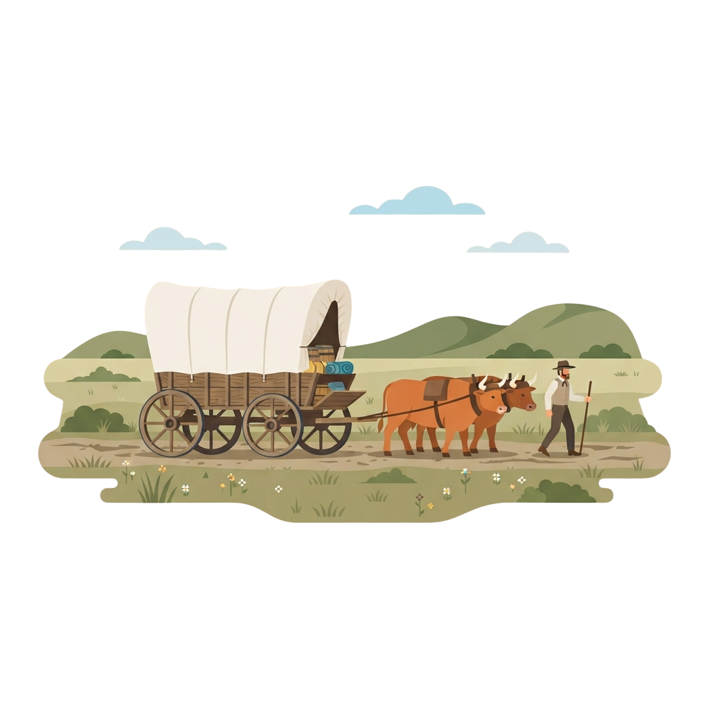 Illustration of a man guiding two oxen pulling a covered wagon across a grassy prairie landscape