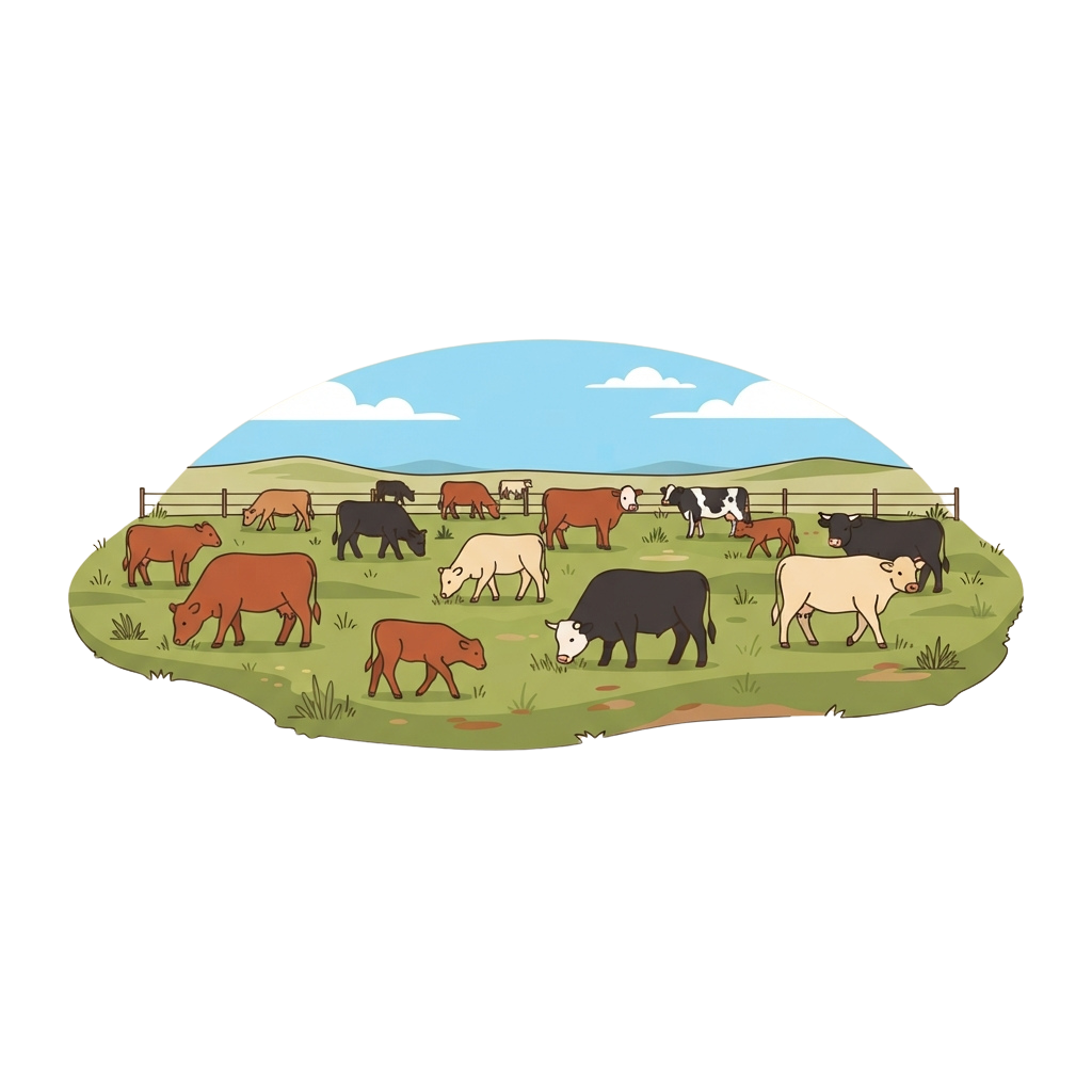 A group of cartoon cows grazing in a green pasture with a fence and hills in the background under a blue sky with clouds