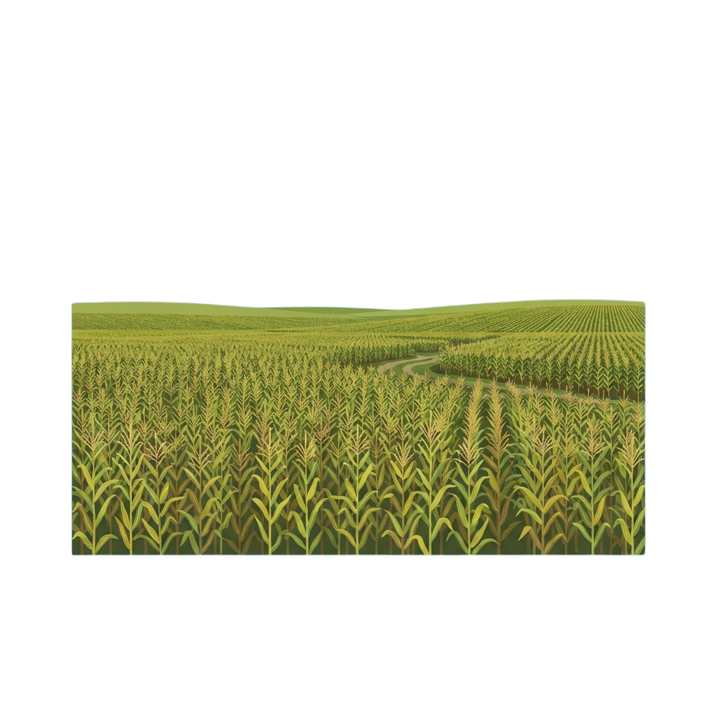 A scenic view of a well-maintained cornfield with rows of tall green plants and a winding dirt path.