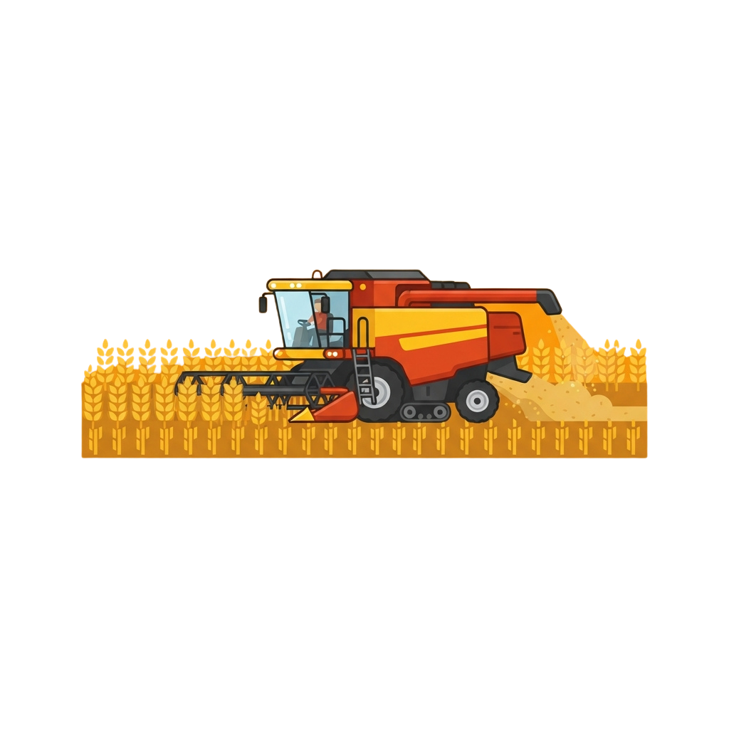 Illustration of a red and yellow combine harvester operating in a field of golden wheat.