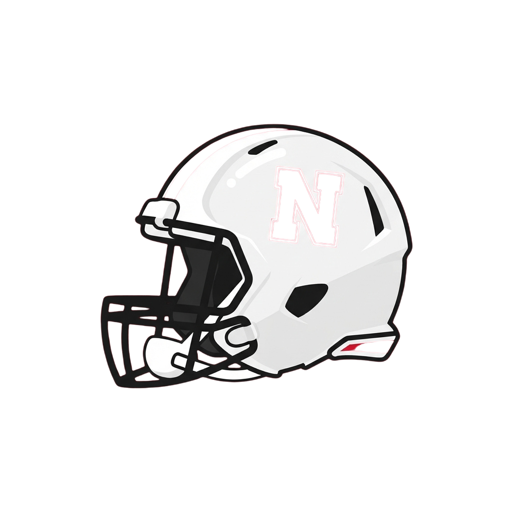 White football helmet featuring a bold black N logo with red outline