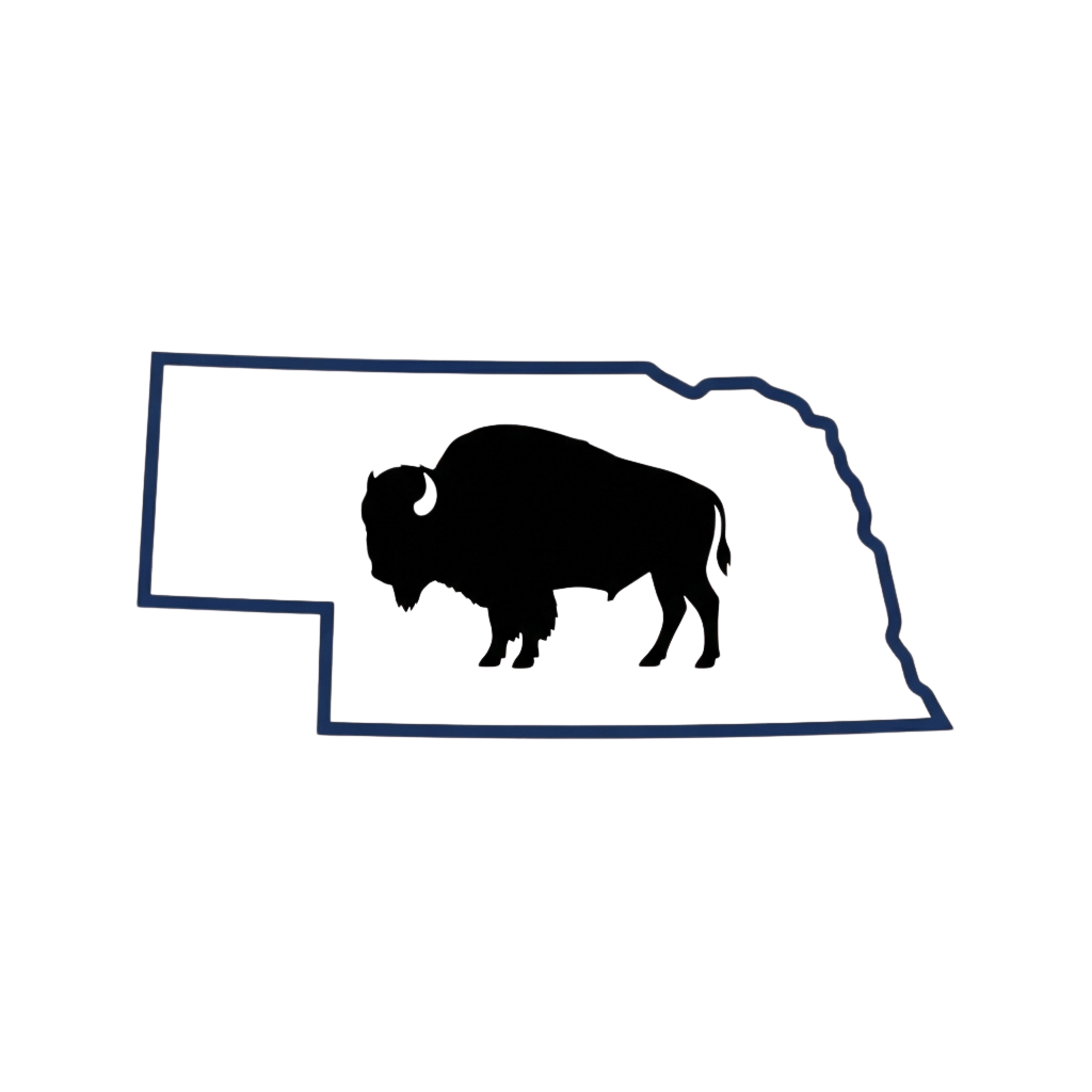 A bison silhouette inside the outline of Nebraska state shape on a dark background