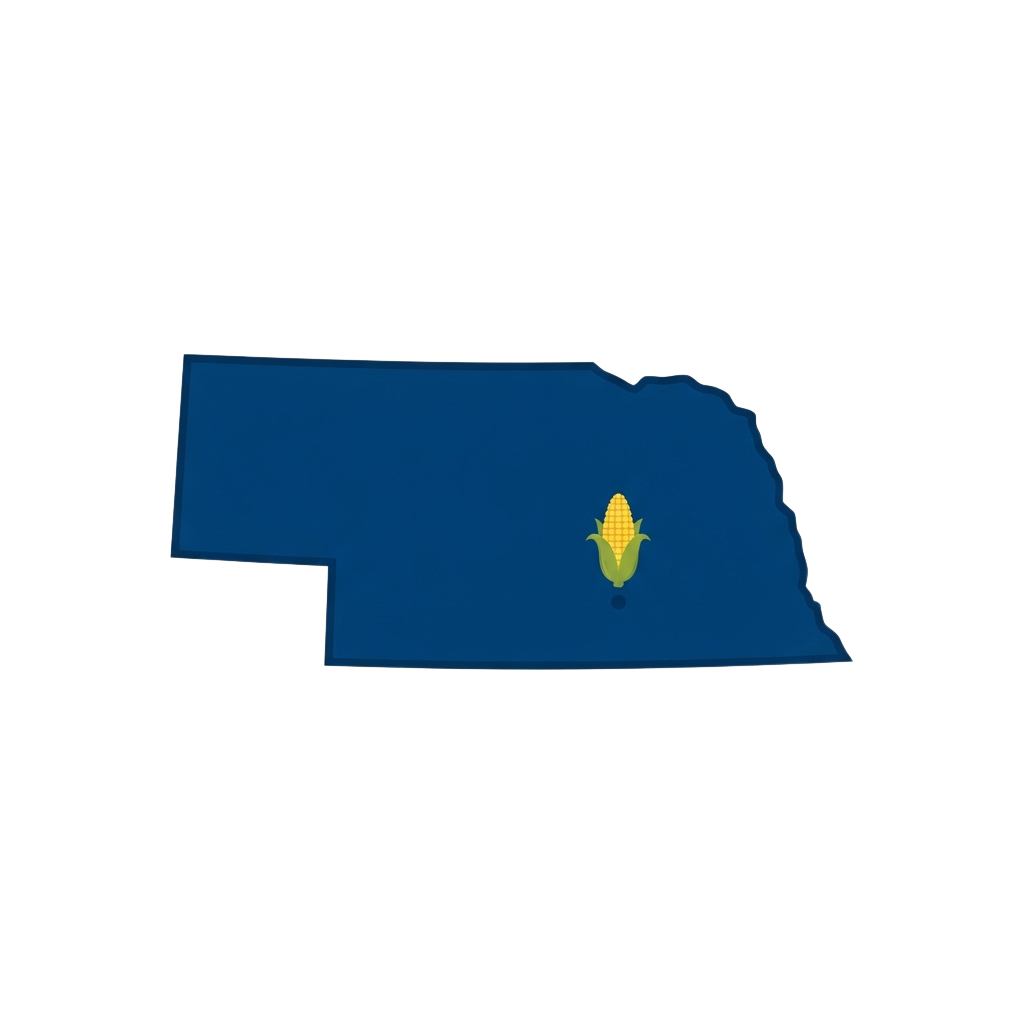 Map of Nebraska state shape in blue with a yellow corn symbol in the center