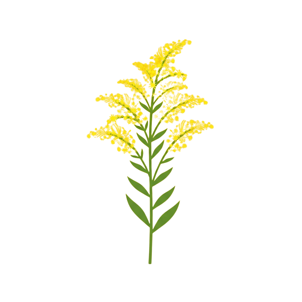 Illustration of a yellow goldenrod flower with green leaves and stems against a black background