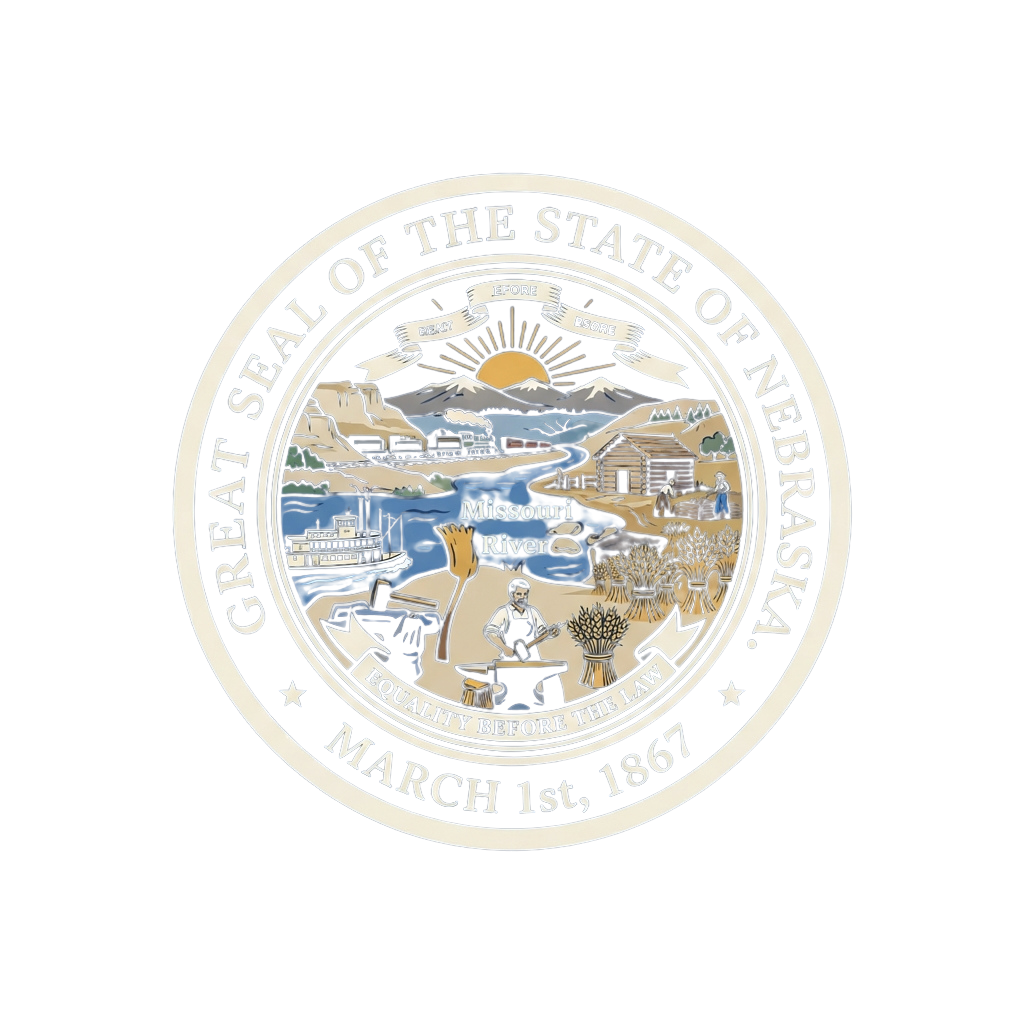 Official Nebraska state seal featuring the Missouri River, pioneer settlers, and the state motto