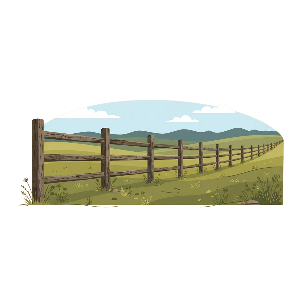 Illustration of a rustic wooden fence in a green pasture with rolling hills and a blue sky