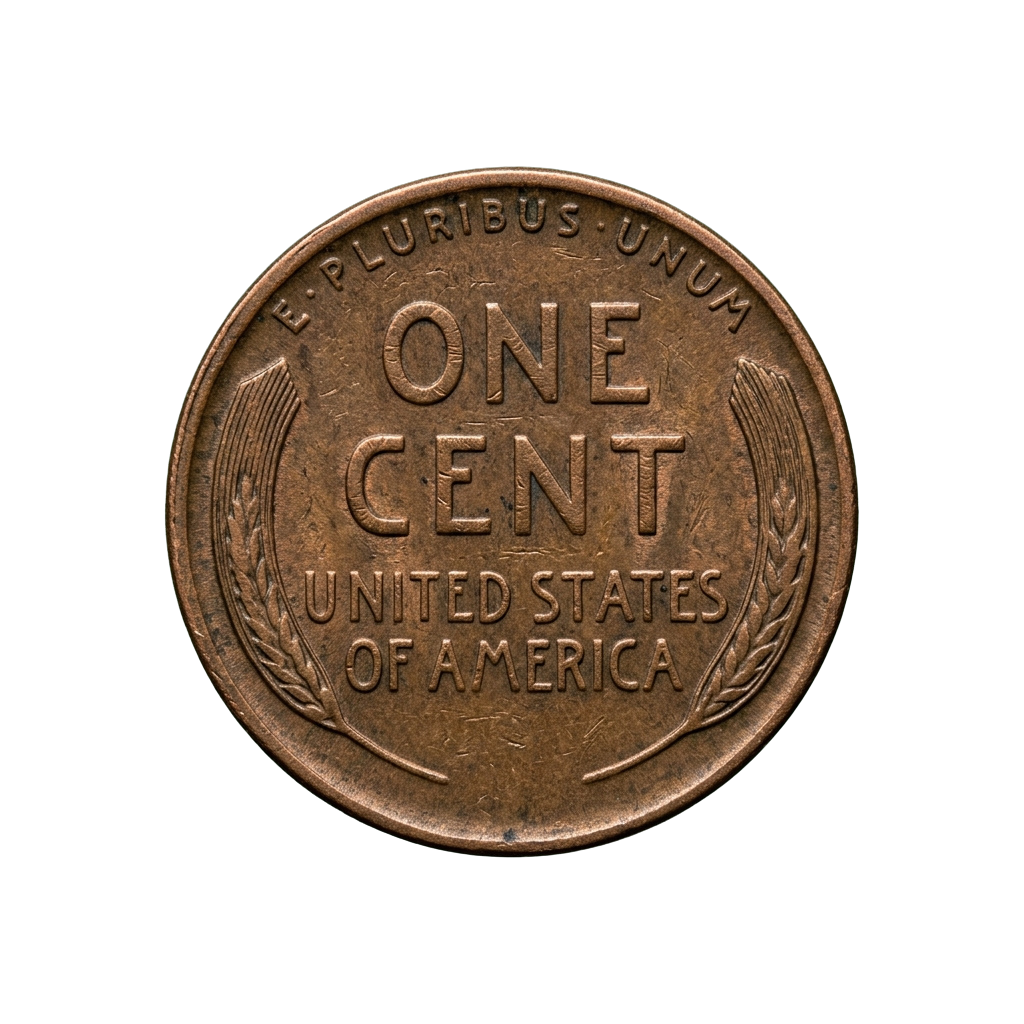 A copper-colored one cent coin from the United States showing ONE CENT and UNITED STATES OF AMERICA with a wreath design.