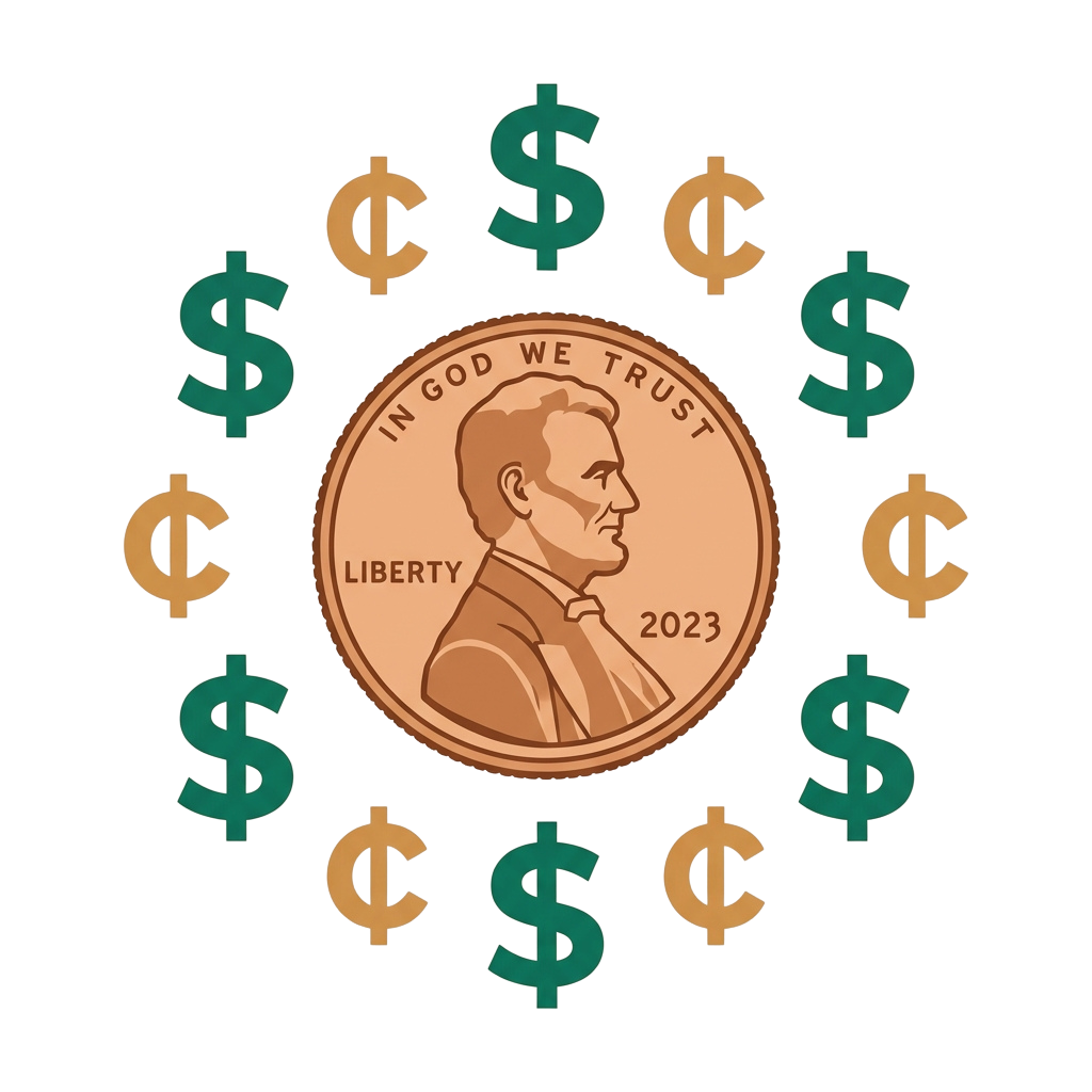 Illustration of a penny centered with dollar and euro symbols arranged around it in a circular pattern