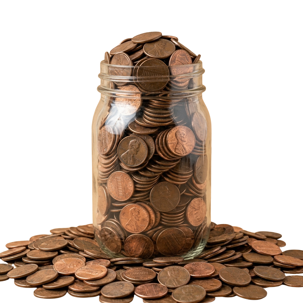 A transparent glass jar filled with many copper-colored pennies, some spilled around the base