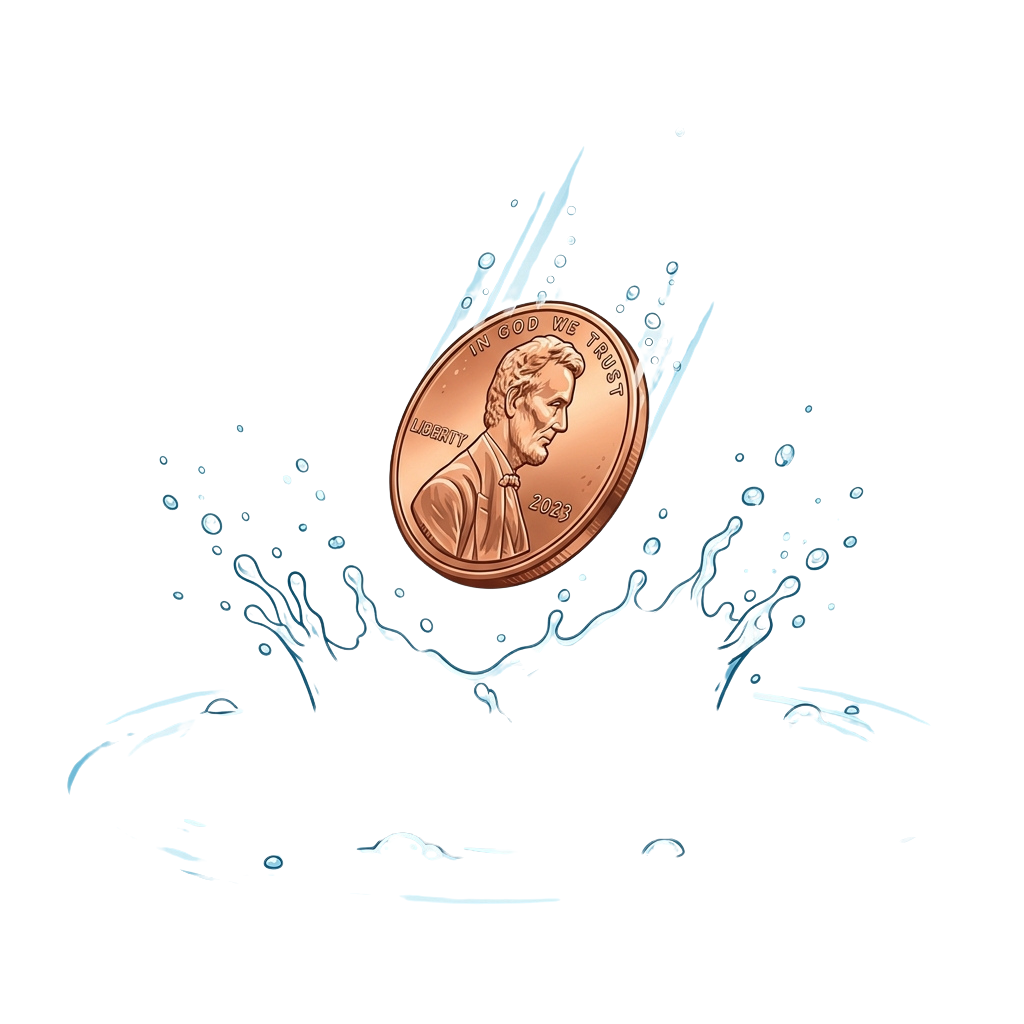 A copper penny coin breaking through water surface with splashing droplets around it