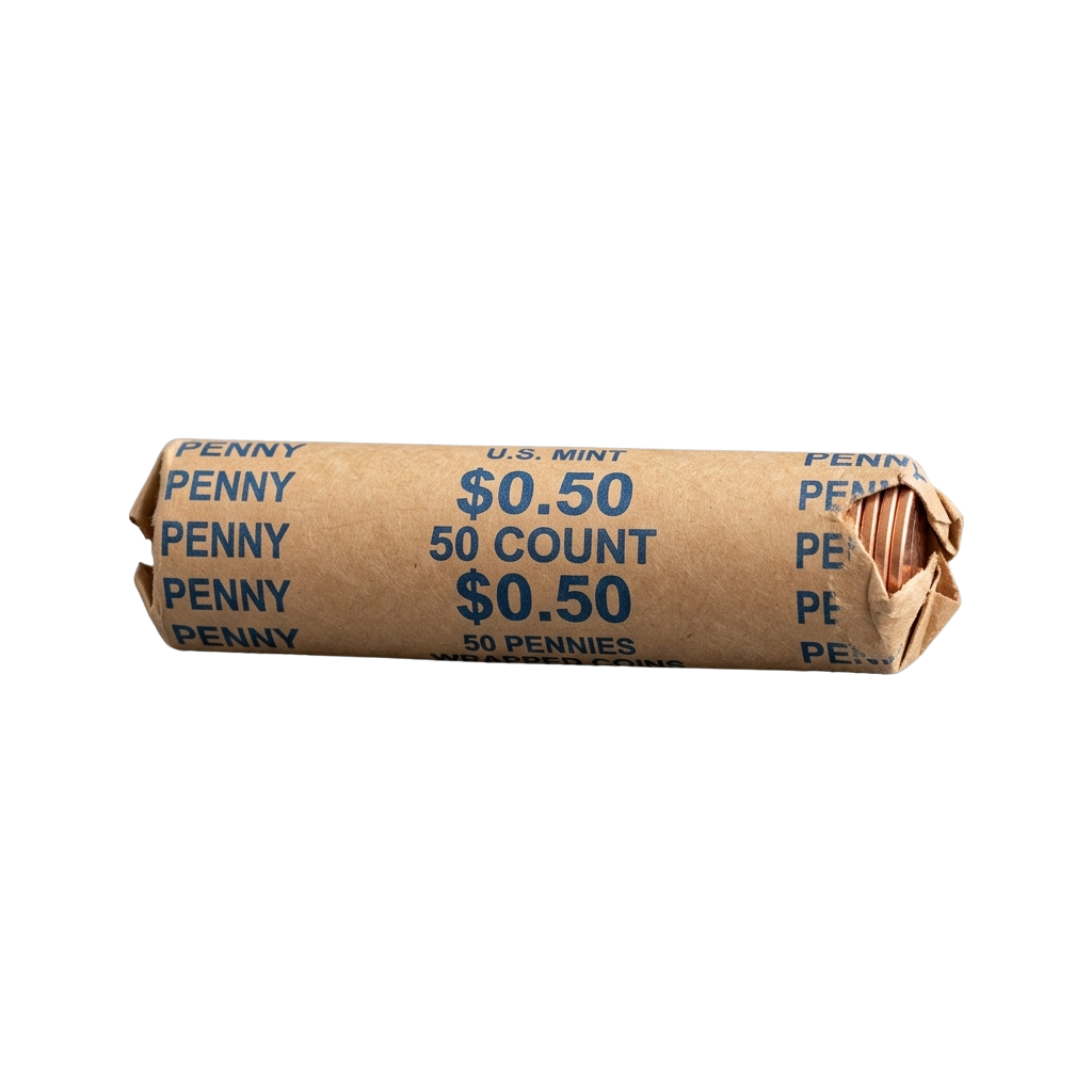 Roll of fifty one-cent coins from the US Mint, labeled with total value of fifty cents