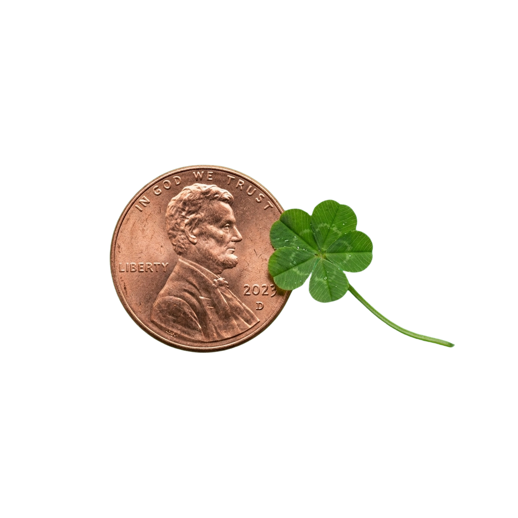 A copper-colored penny with a portrait of a man and the year 2023, placed next to a green four-leaf clover.