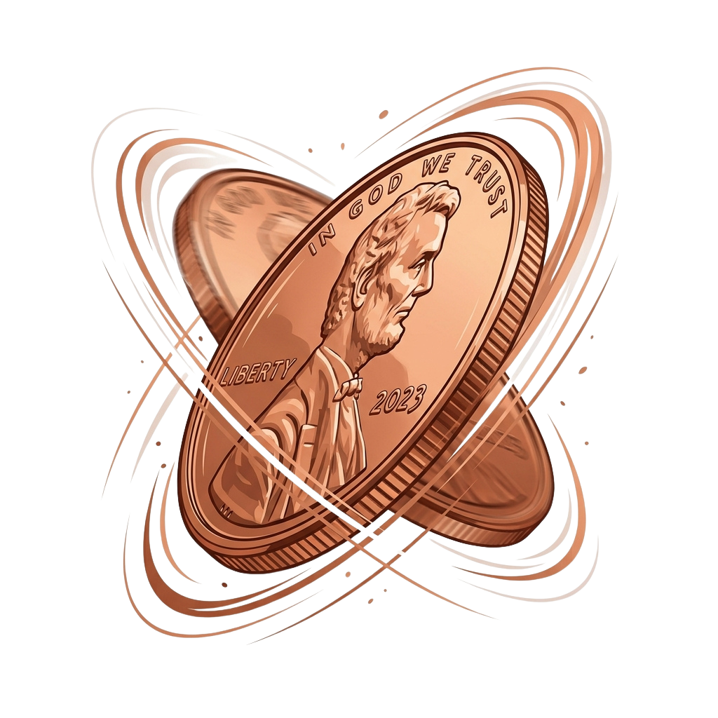 Illustration of a copper penny with Abraham Lincoln's profile, surrounded by abstract swirling lines