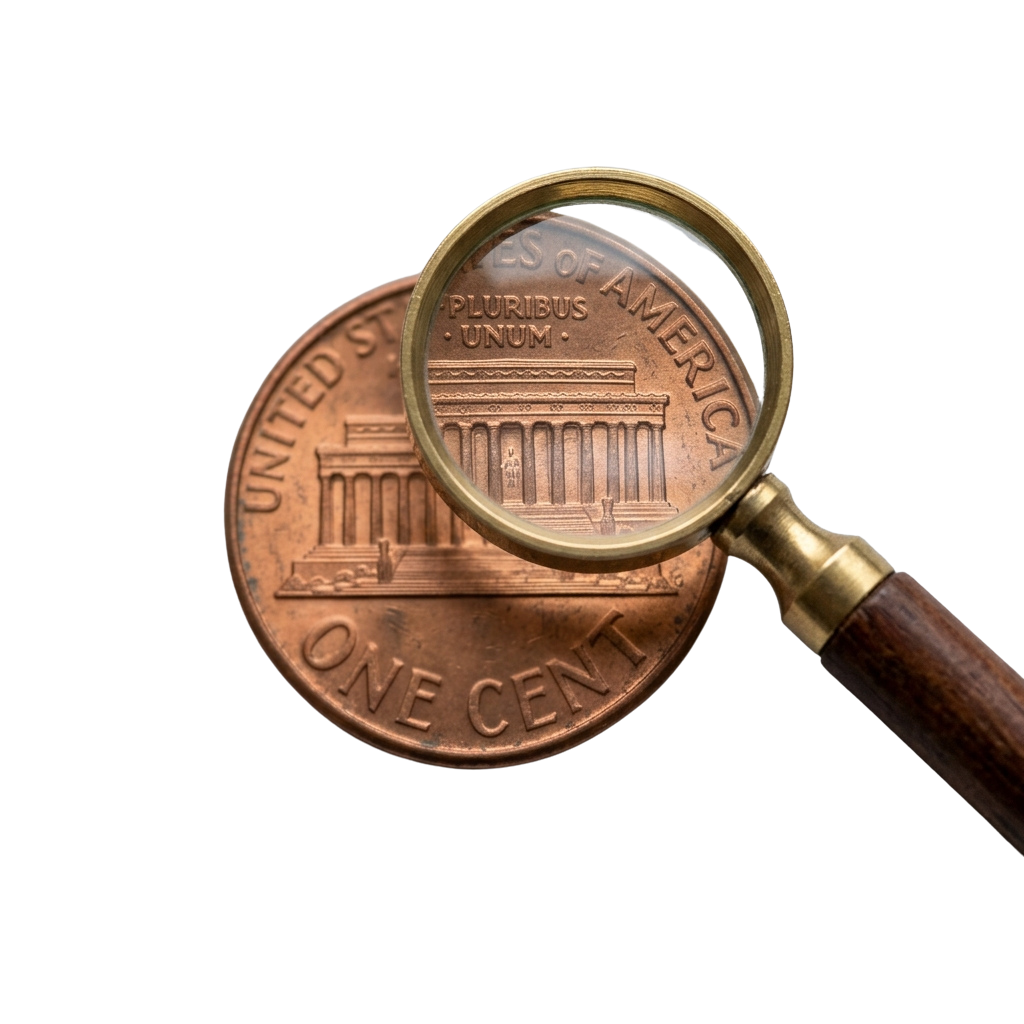 A magnifying glass focusing on a copper-colored US one cent coin showing detailed engraving of Independence Hall