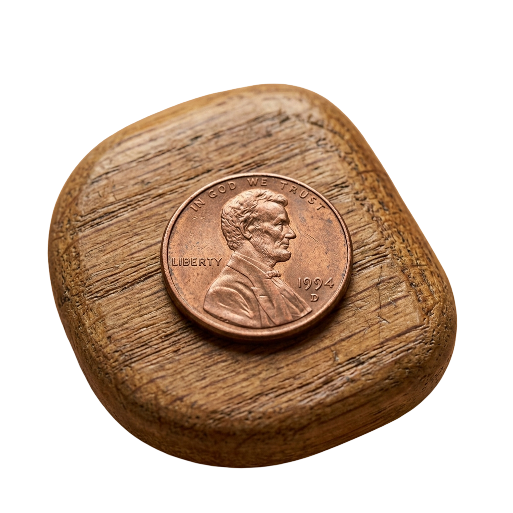 A copper-colored penny from 1994 embedded in the end of a wooden bat