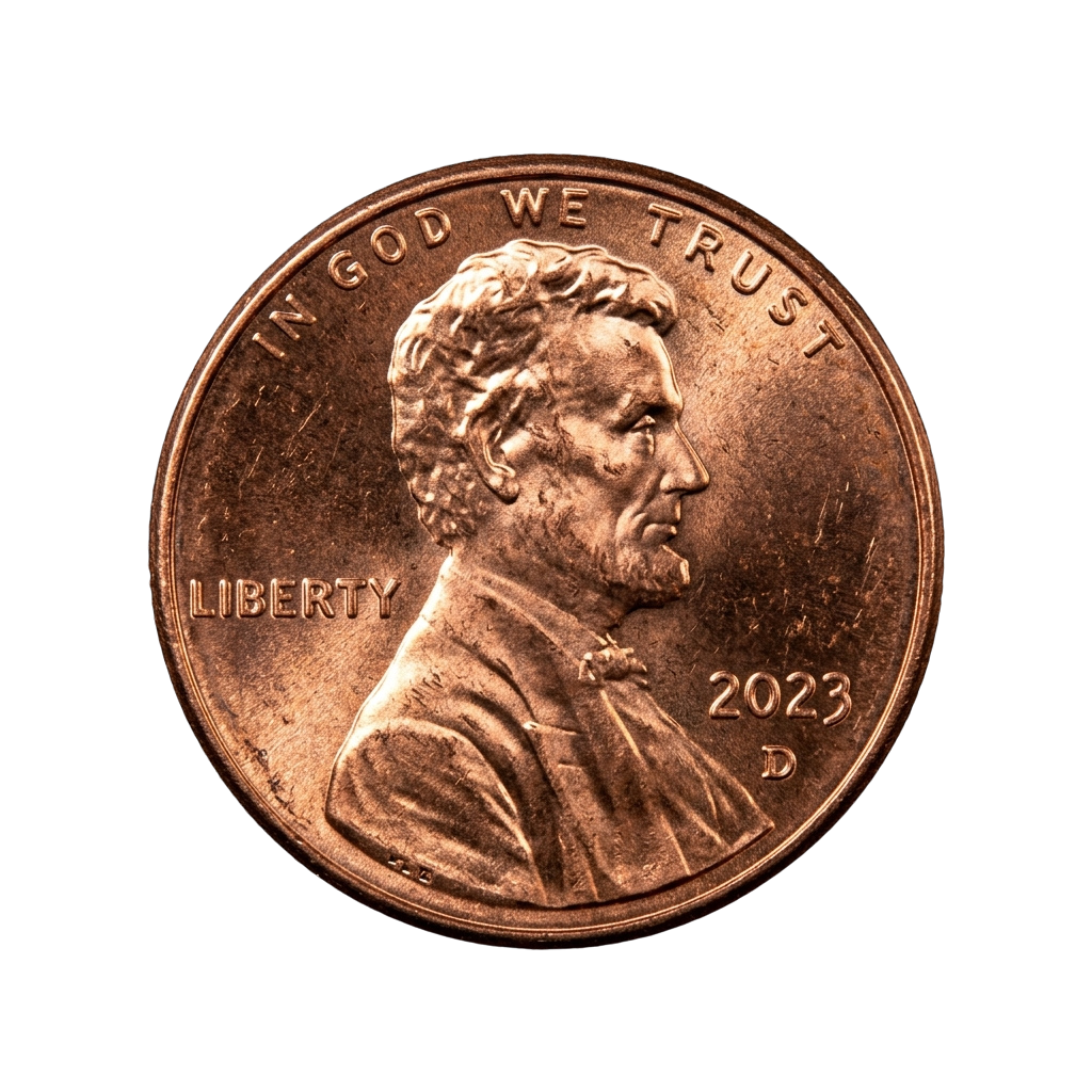 A copper-colored penny featuring a profile of a man with the words In God We Trust and Liberty visible