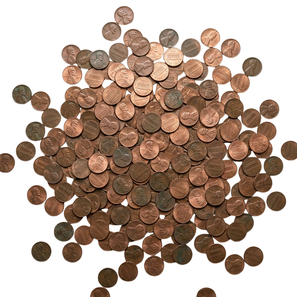 A pile of copper-colored pennies scattered on a dark background