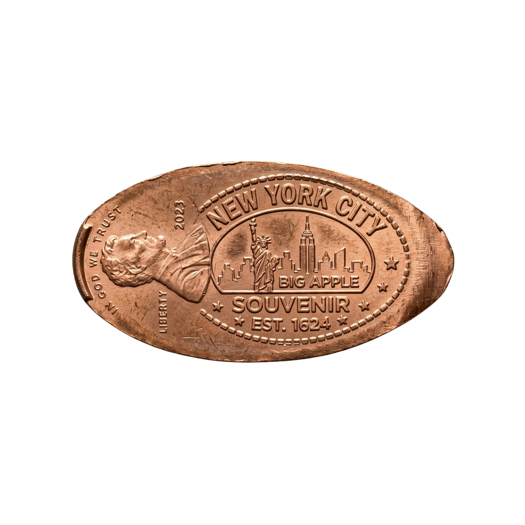 Oval copper-colored coin featuring New York City landmarks, text reading New York City Big Apple Souvenir Est 1624, and Liberty portrait.