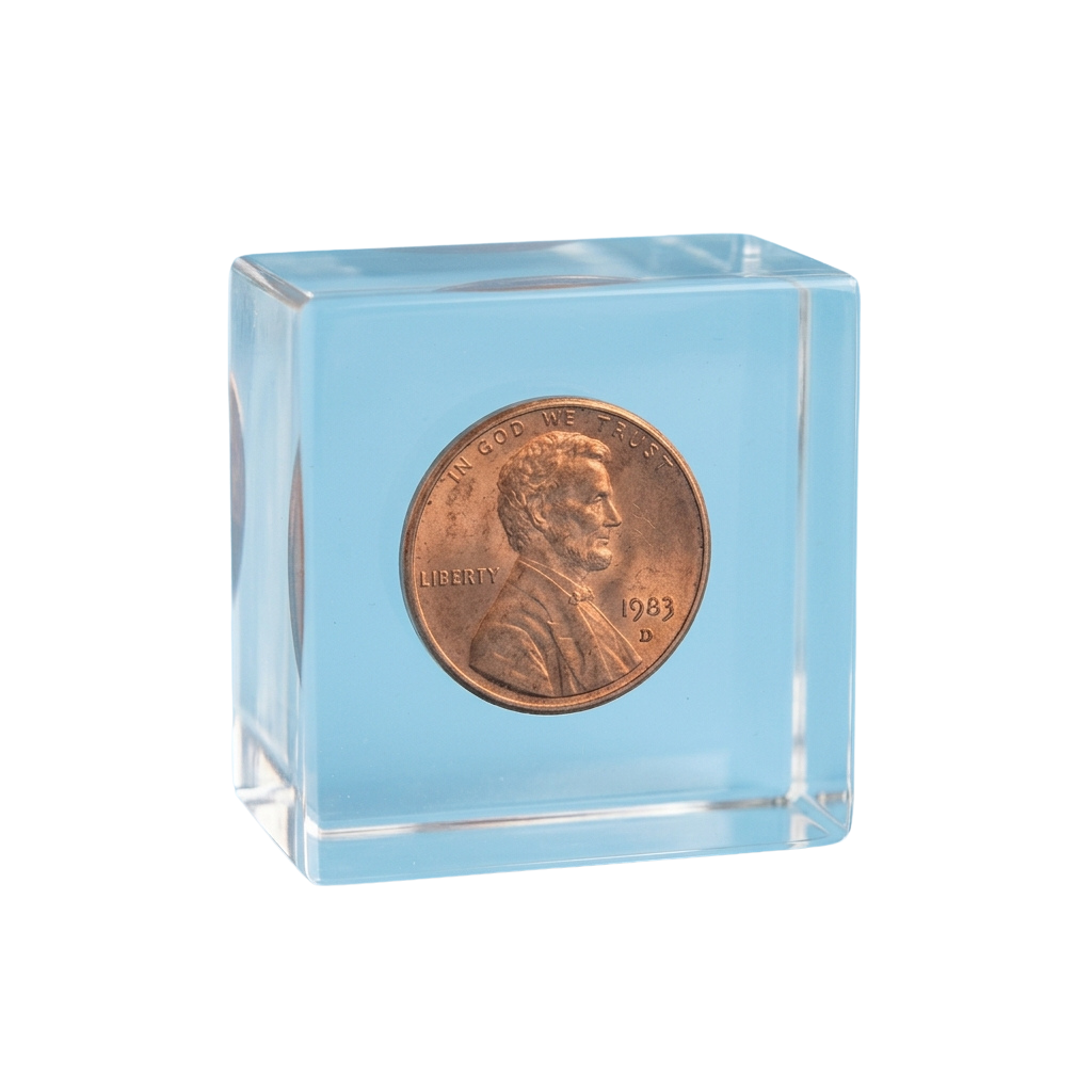A clear acrylic cube containing a copper-colored 1983 Lincoln penny with profile portrait and inscriptions.