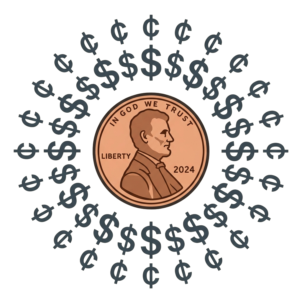 A penny with a portrait in the center surrounded by multiple dollar signs arranged in a circular pattern