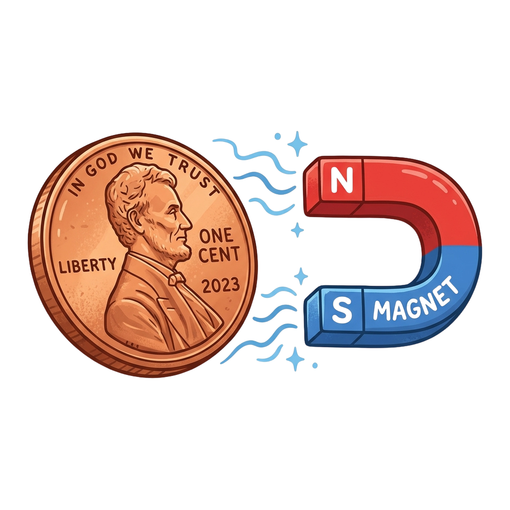A copper penny being pulled toward a horseshoe magnet with north and south poles labeled.