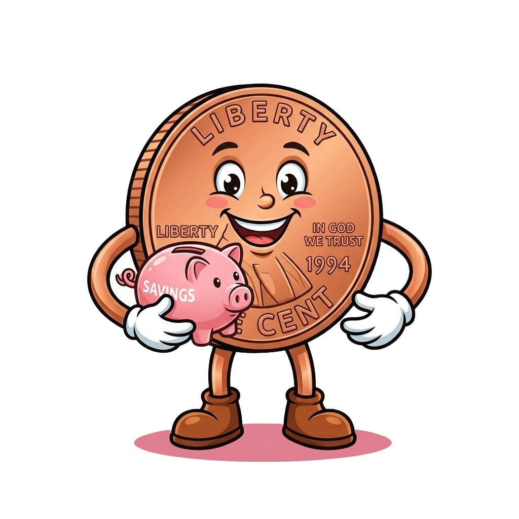 Animated penny coin smiling and holding a pink piggy bank labeled savings