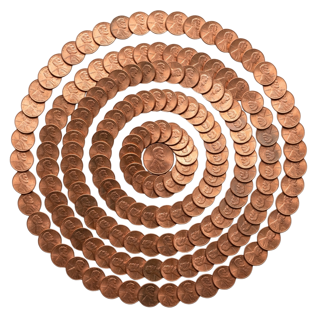 A spiral arrangement of copper-colored pennies forming concentric circles
