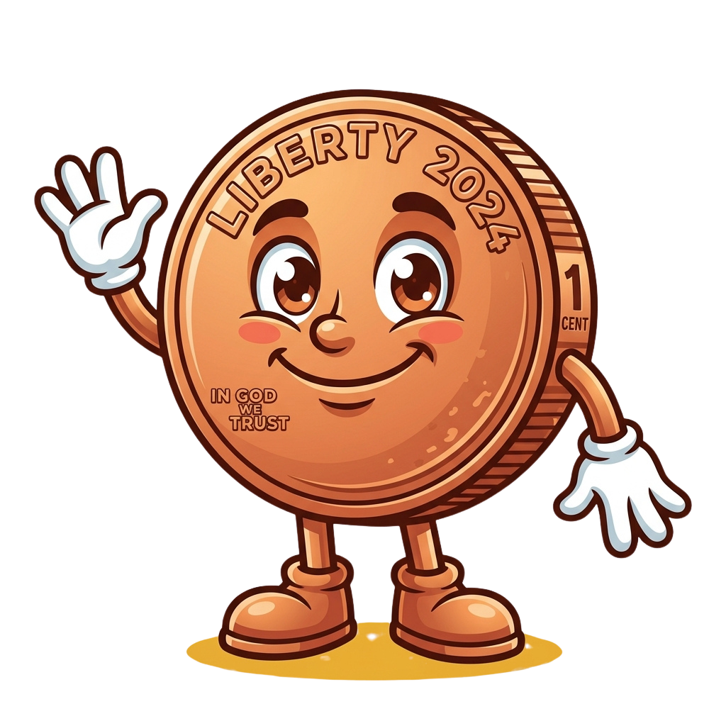 Animated copper-colored penny character waving with a cheerful smile and text reading Liberty 2024 and In God We Trust