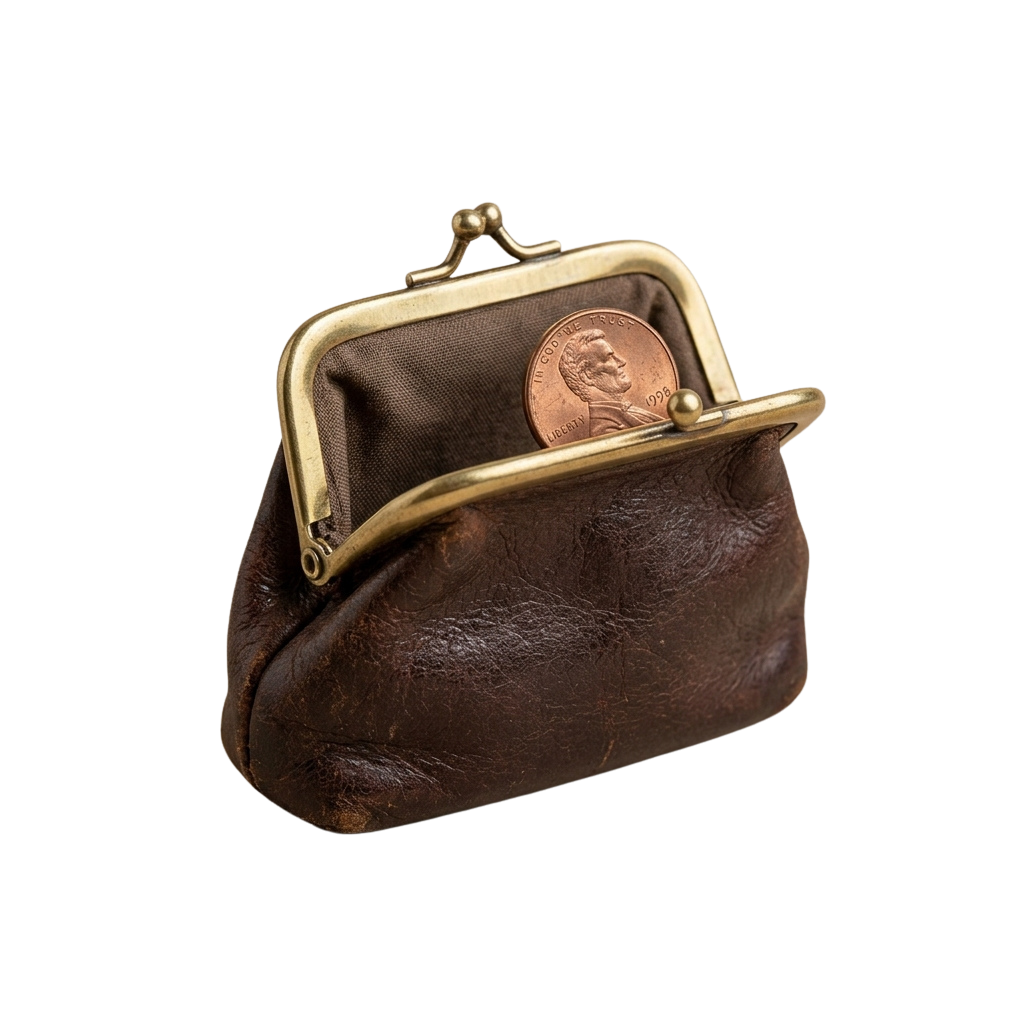 An open brown leather coin purse with brass clasp containing a single copper-colored coin