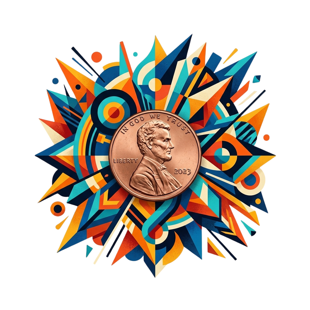 A copper-colored penny featuring a portrait surrounded by vibrant geometric fireworks patterns in blue, orange, and yellow