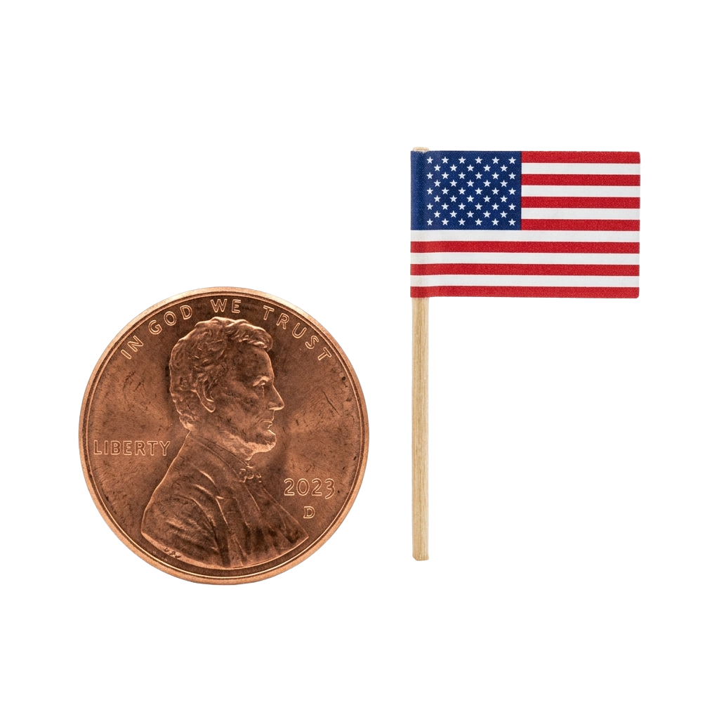 A copper 2023 Lincoln penny next to a small American flag on a stick