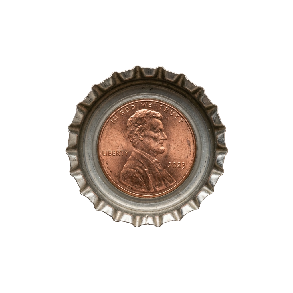 A copper-colored penny from 2023 placed inside a metal bottle cap with the year and word Liberty visible.