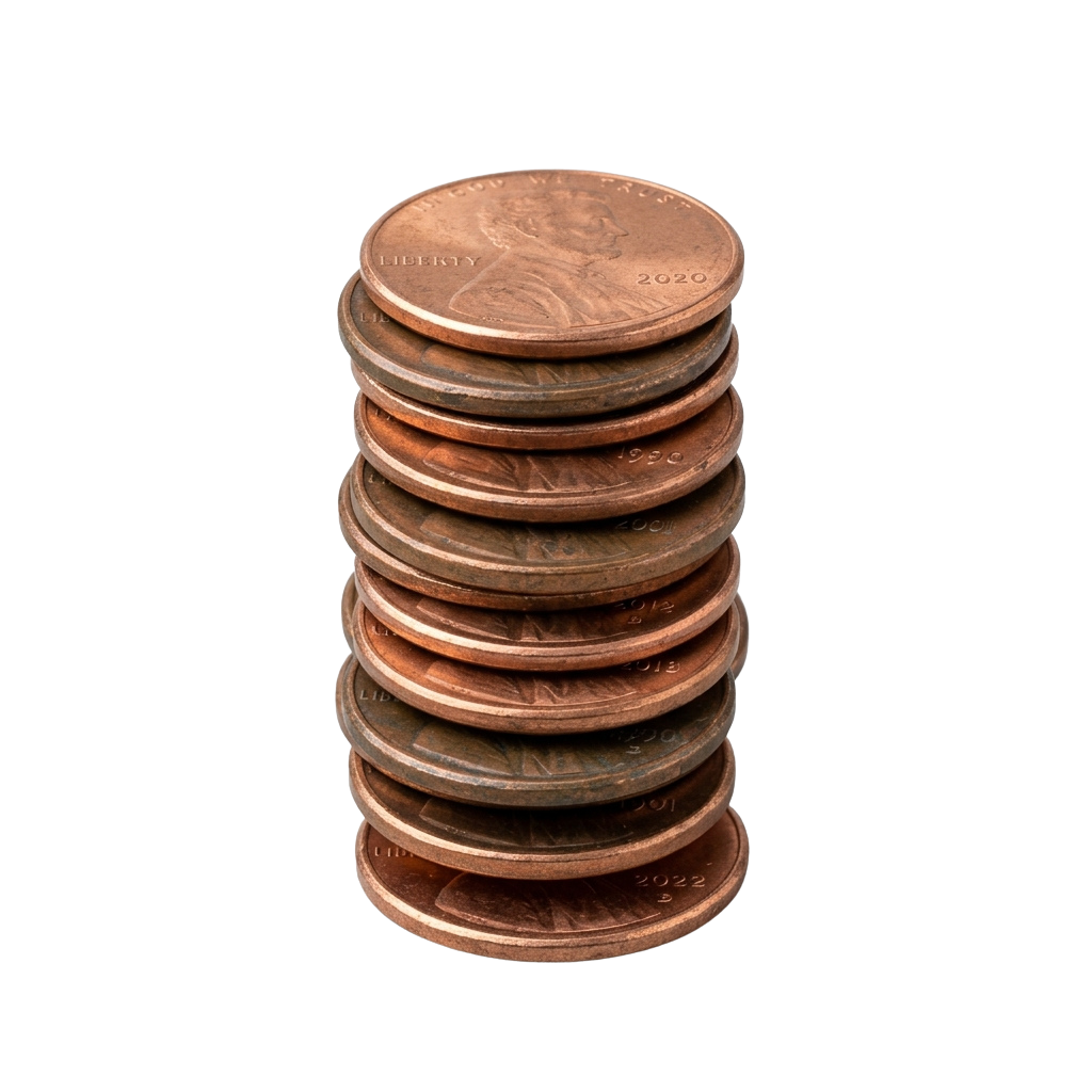 A stack of copper-colored pennies with visible years from 2010 to 2020